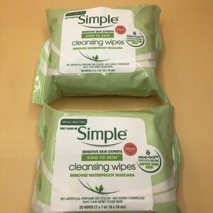 2-Simple Cleansing Facial Wipes Removes Waterproof Mascara Kind to Skin 25 Count